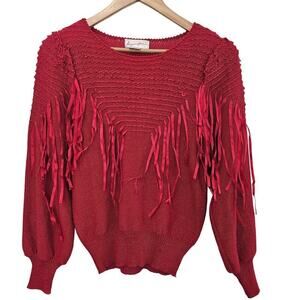 Vintage 80s Sweater Womens Medium Red Wool Fringe Glam Rock Knit Embellished